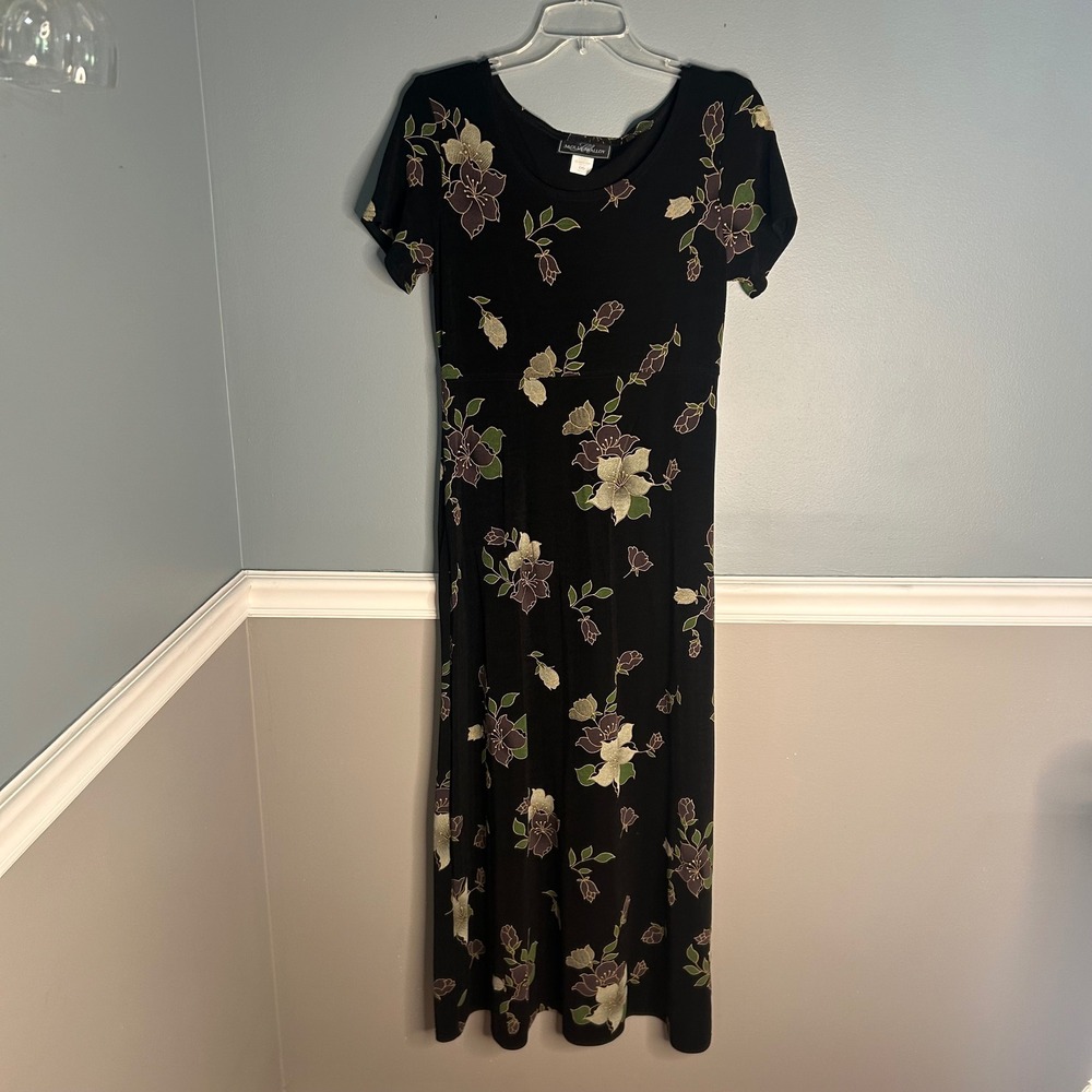 Molly Malloy vintage Floral Maxi Dress Short Sleeve Casual‎ Black Dress Size 6